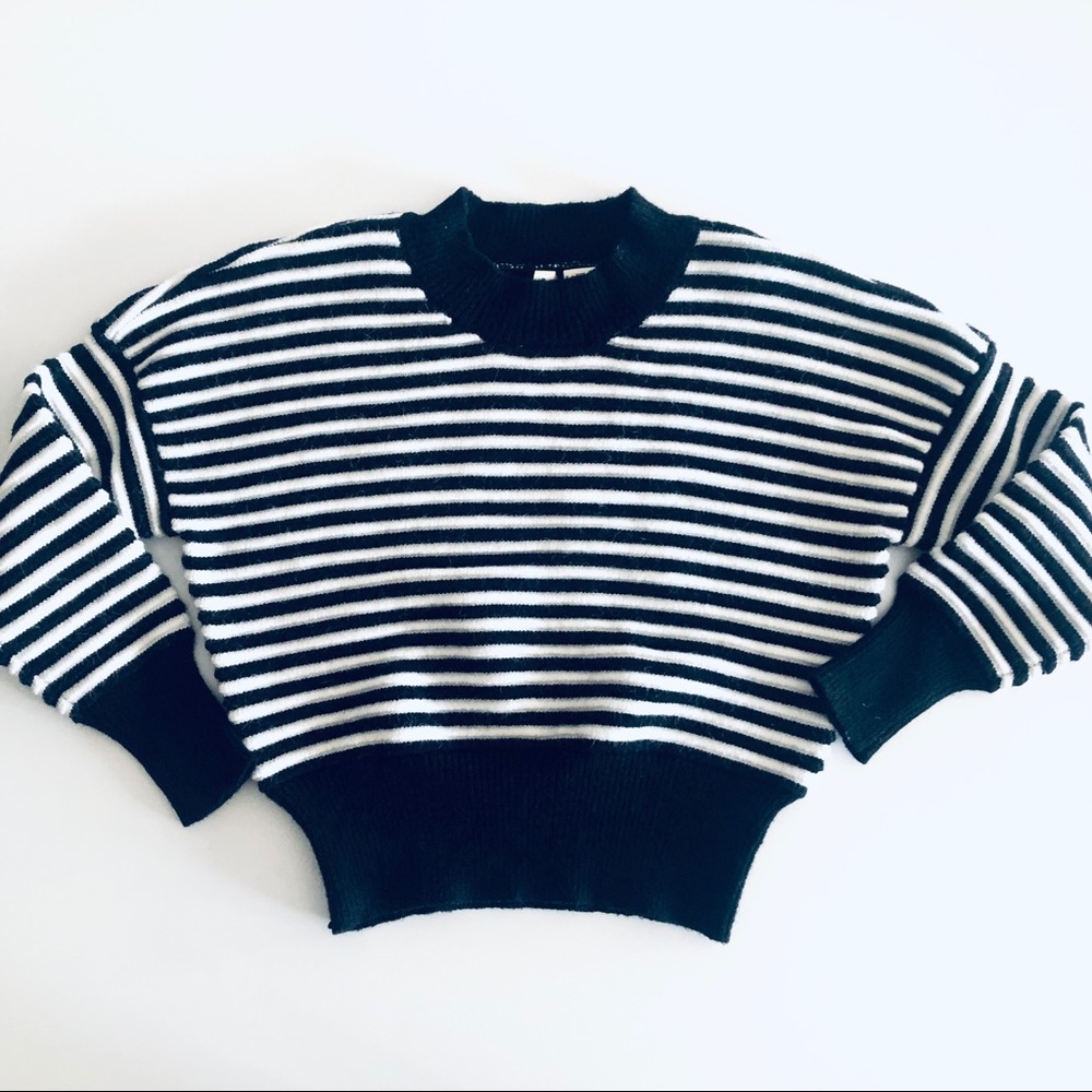 Anthropologie MOTH Black White Striped High Neck Cropped Sweater